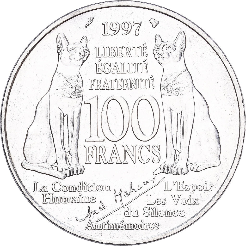 Francja, 100 Francs, André Malraux, 1997, Srebro, MS(60-62), KM:1188