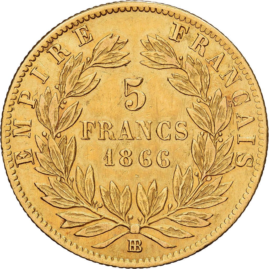 France, Napoléon III, 5 Francs, Napoléon III, 1866, Strasbourg, Or, TTB