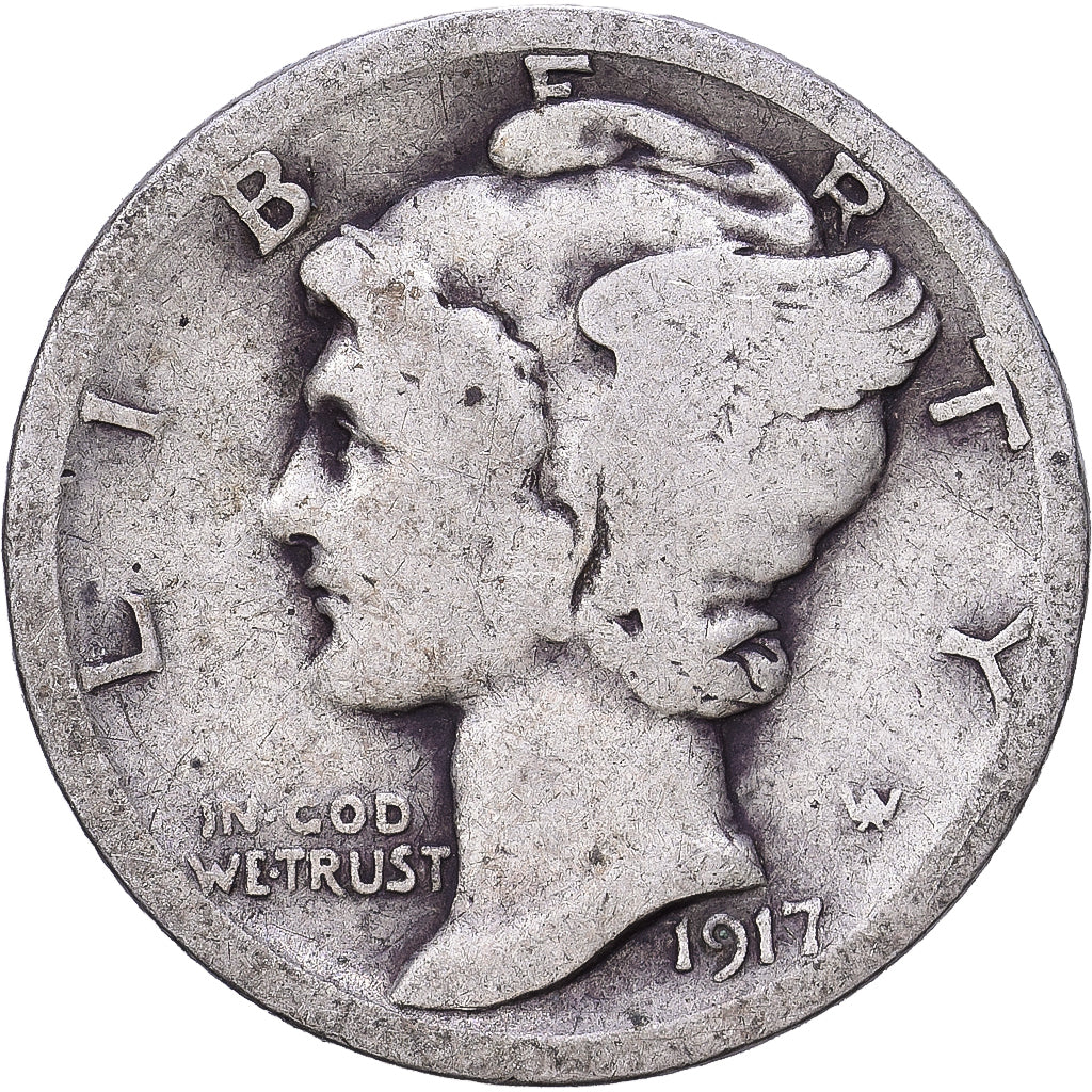 Stati Uniti, Dime, Mercury Dime, 1917, San Francisco, Argento, MB, KM:140