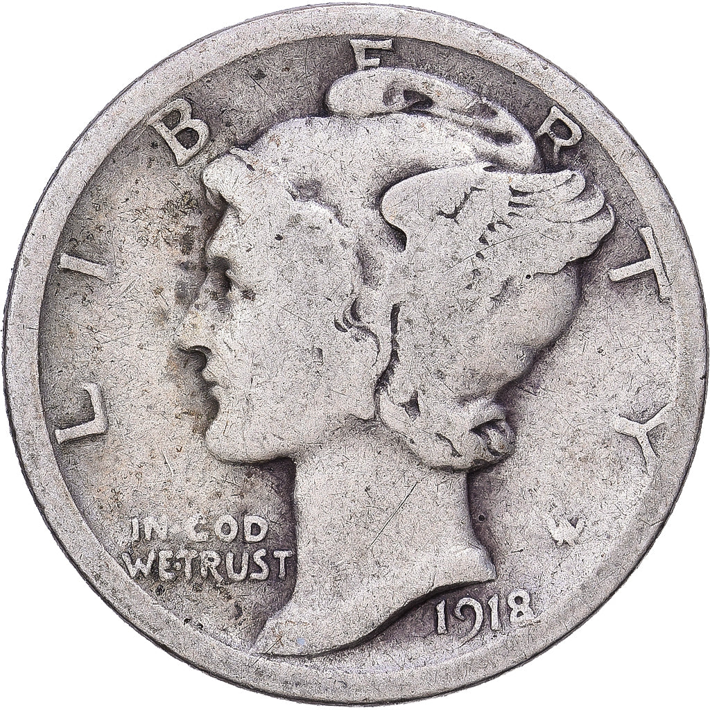 États-Unis, Dime, Mercury, 1918, Denver, Argent, TB, KM:140
