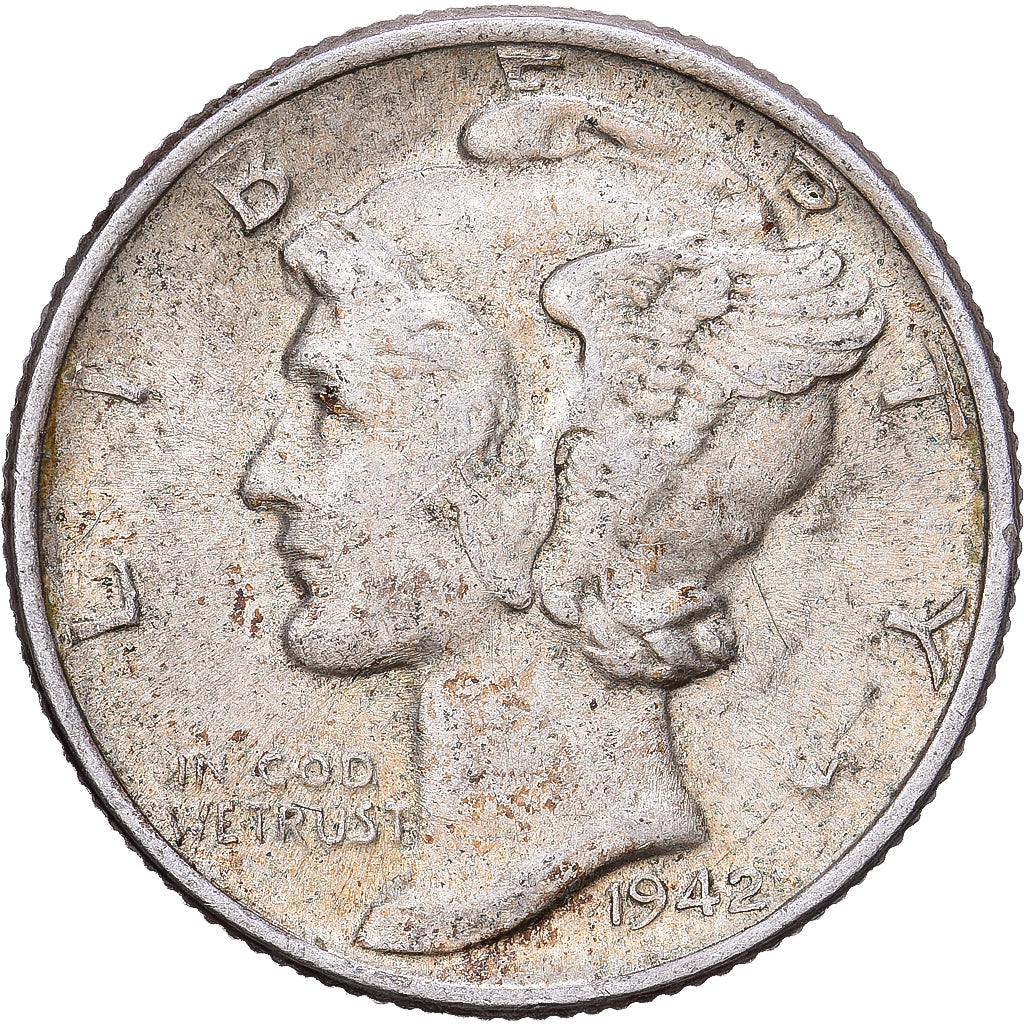 États-Unis, Dime, Mercury Dime, 1942, Philadelphie, Argent, TTB, KM:140