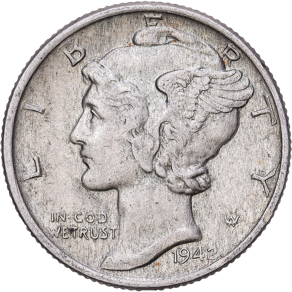 United States, Dime, Mercury Dime, 1942, Philadelphia, Silver, EF(40-45), KM:140