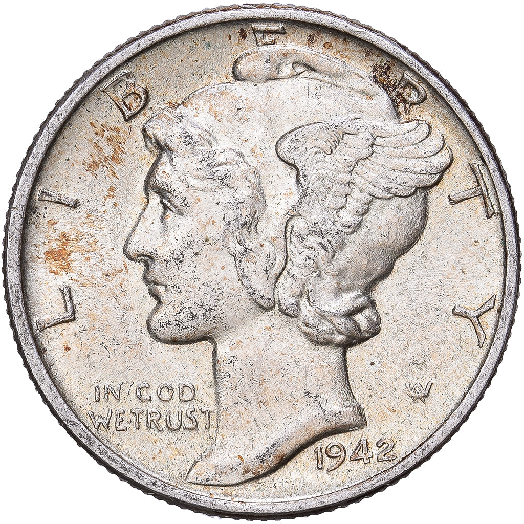 USA, Dime, Mercury Dime, 1942, Philadelphia, Srebro, AU(55-58), KM:140