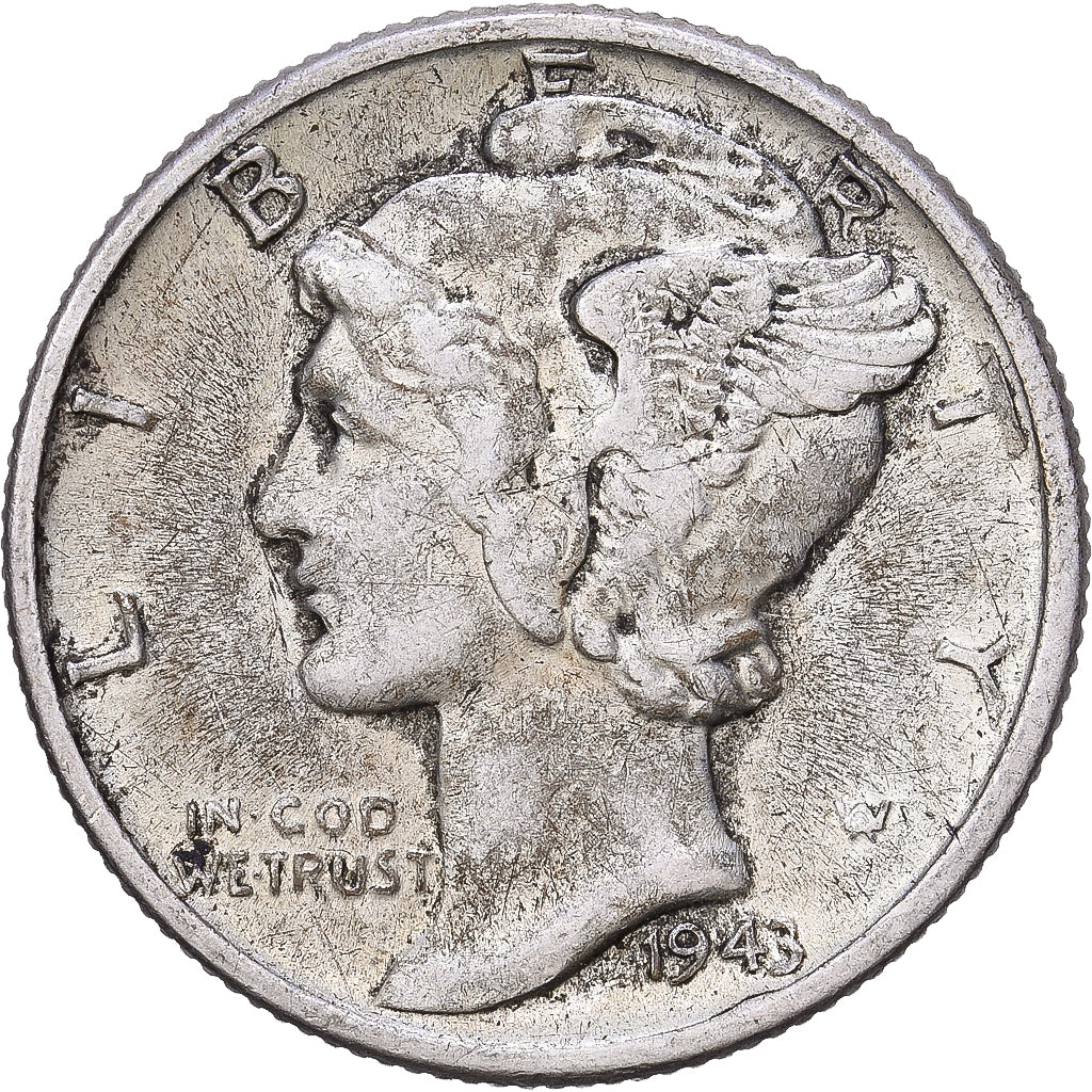 United States, Dime, Mercury Dime, 1943, Philadelphia, Silver, VF(30-35), KM:140