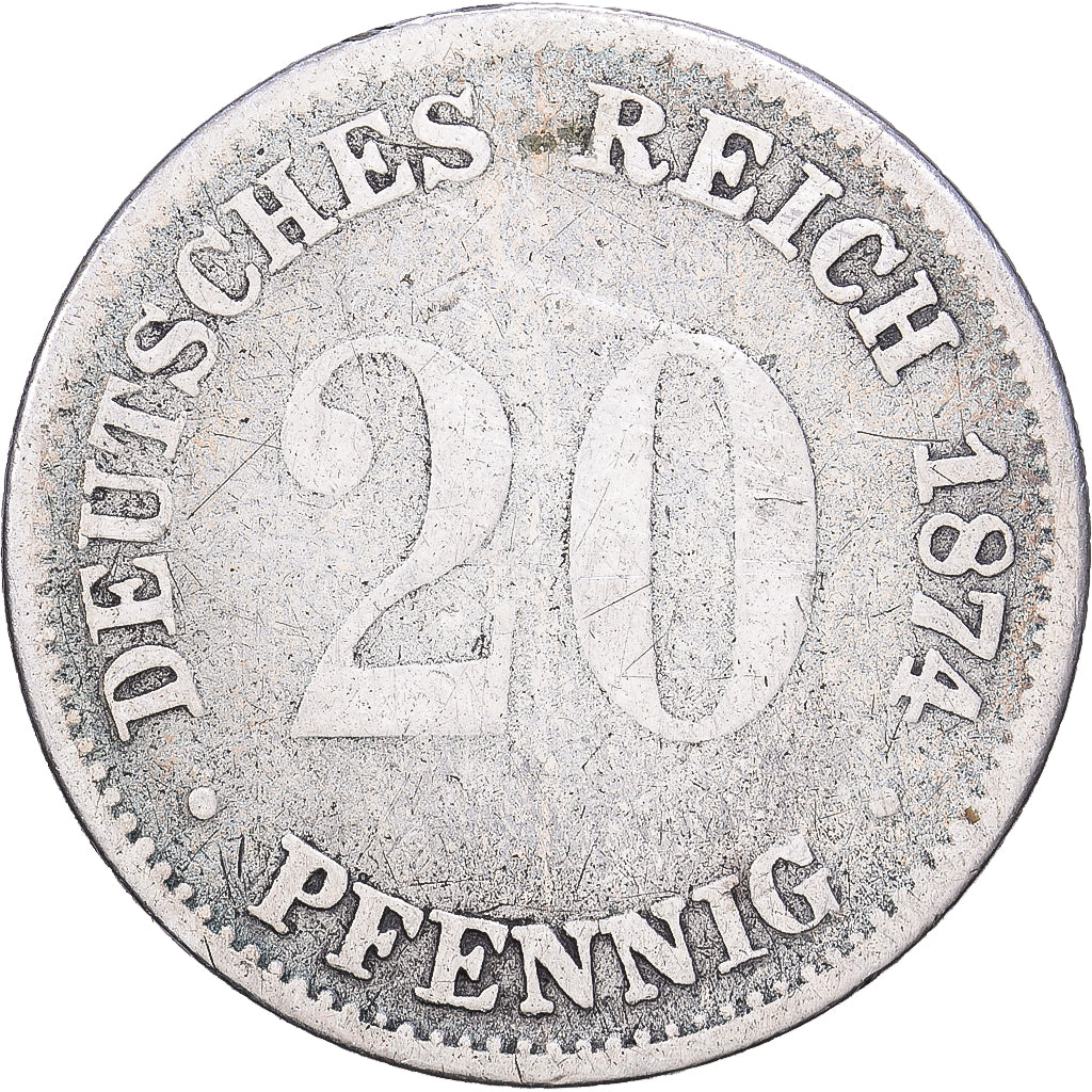 ALEMANHA - IMPÉRIO, Wilhelm I, 20 Pfennig, 1874, Hannover, Prata, VF(20-25)