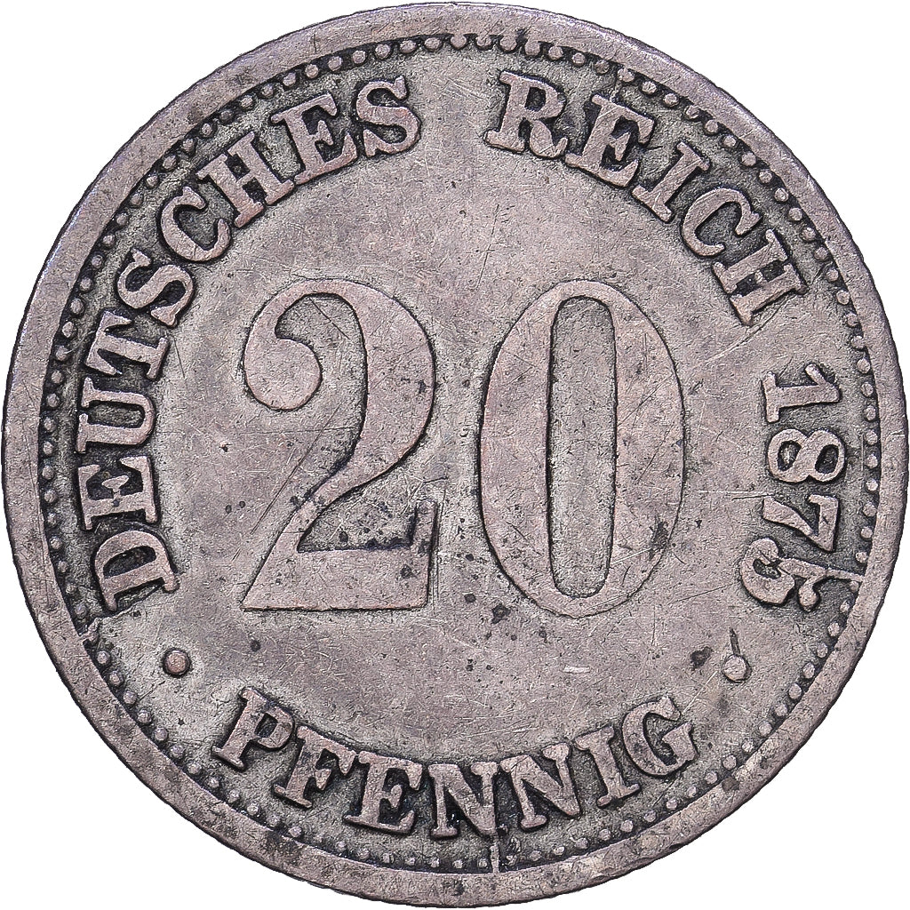 German Empire, 20 Pfennig, 1875, Darmstadt, Silver, VF(20-25)