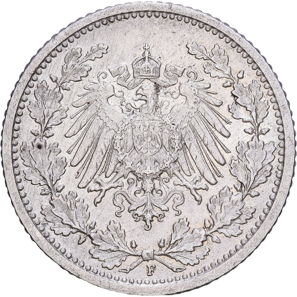 ALEMANIA - IMPERIO, Wilhelm II, 1/2 Mark, 1913, Stuttgart, Plata, MBC, KM:17