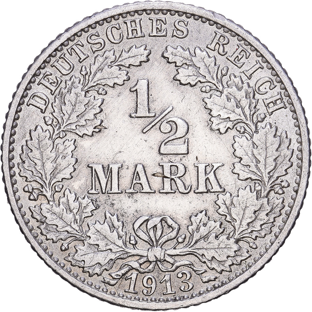 ALEMANIA - IMPERIO, Wilhelm II, 1/2 Mark, 1913, Stuttgart, Plata, MBC, KM:17