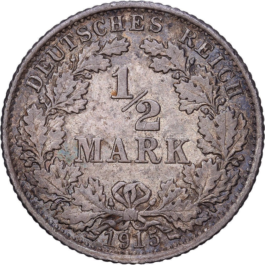 ALEMANIA - IMPERIO, 1/2 Mark, 1915, Muldenhütten, Plata, MBC, KM:17