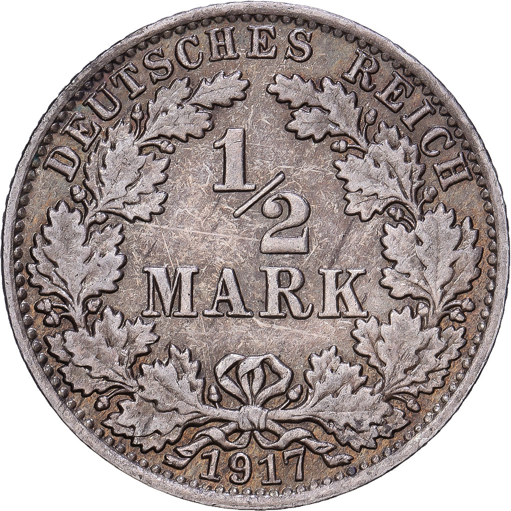 ALEMANIA - IMPERIO, 1/2 Mark, 1917, Berlin, Plata, MBC, KM:17