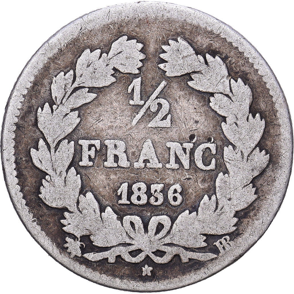 France, 1/2 Franc, Louis-Philippe, 1836, Strasbourg, Argent, B+, KM:741.3