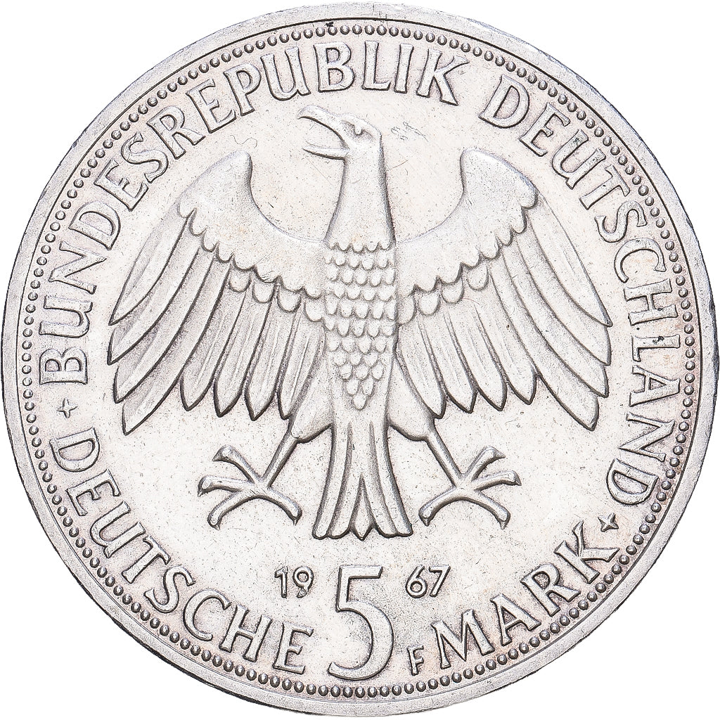 ALEMANIA - REPÚBLICA FEDERAL, 5 Mark, 1967, Stuttgart, Plata, MBC+, KM:120.1