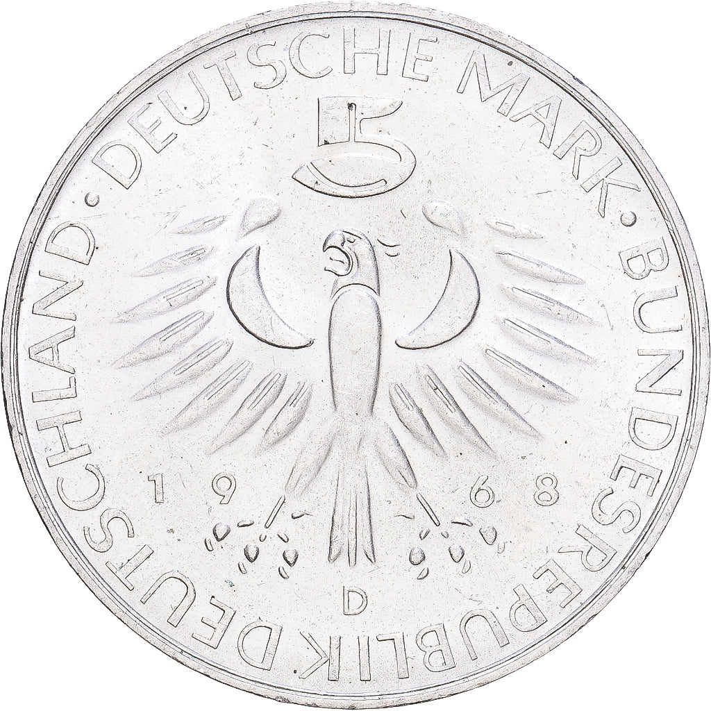 Moneta, Niemcy - RFN, 5 Mark, 1968, Munich, Germany, AU(55-58), Srebro, KM:123.1