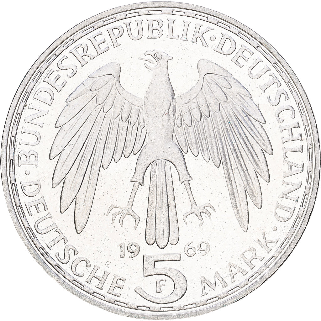 République fédérale d'Allemagne, 5 Mark, 1969, Stuttgart, Argent, SUP+