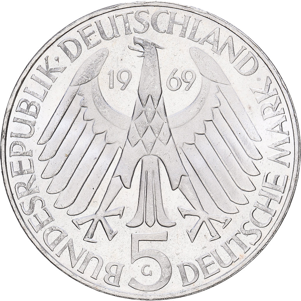 Federale Duitse Republiek, 5 Mark, 1969, Karlsruhe, Zilver, PR, KM:125.1