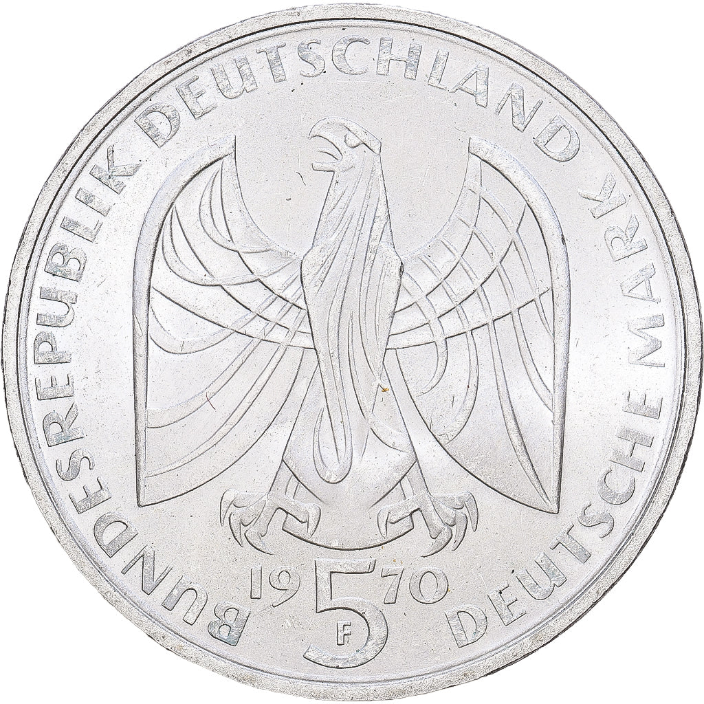 ALEMANIA - REPÚBLICA FEDERAL, 5 Mark, 1970, Stuttgart, Plata, EBC, KM:127
