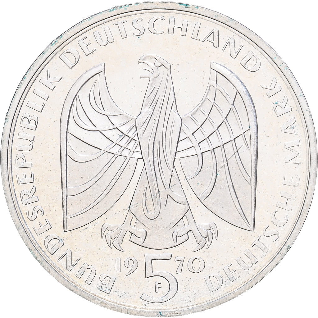 GERMANIA - REPUBBLICA FEDERALE, 5 Mark, 1970, Stuttgart, Argento, SPL, KM:127