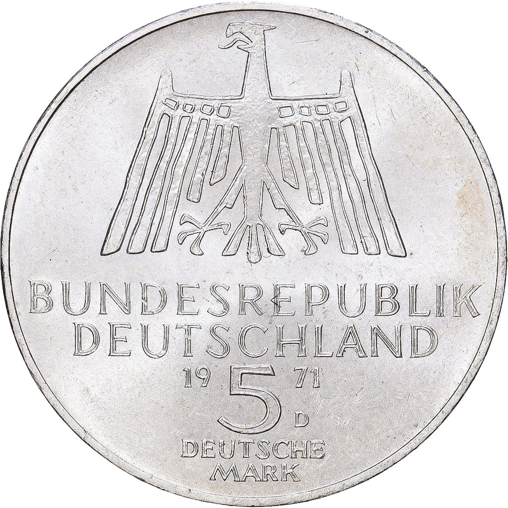ALEMANHA - REPÚBLICA FEDERAL, 5 Mark, 1971, Munich, Prata, AU(55-58), KM:129