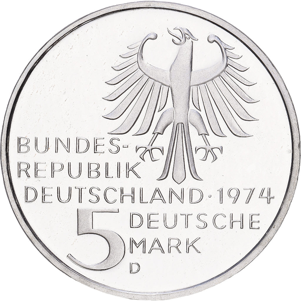 GERMANIA - REPUBBLICA FEDERALE, 5 Mark, 1974, Munich, FS, Argento, SPL, KM:139