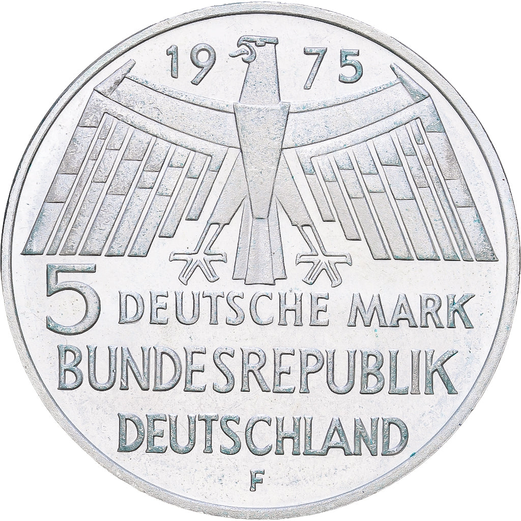 Niemcy - RFN, 5 Mark, 1975, Stuttgart, Srebro, AU(55-58), KM:142.1