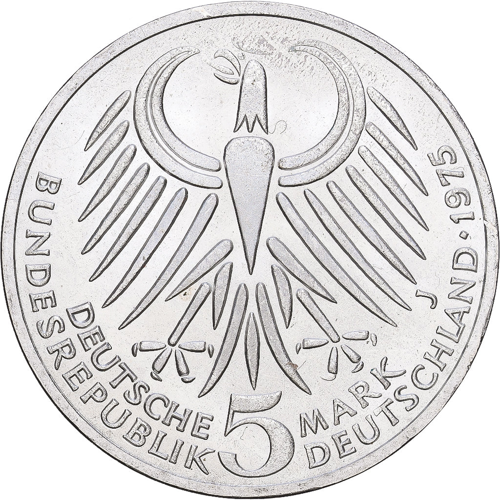 République fédérale d'Allemagne, 5 Mark, 1975, Hamburg, Argent, SUP+, KM:141