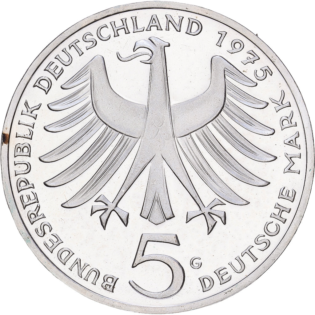 GERMANIA - REPUBBLICA FEDERALE, 5 Mark, 1975, Karlsruhe, FS, Argento, SPL+