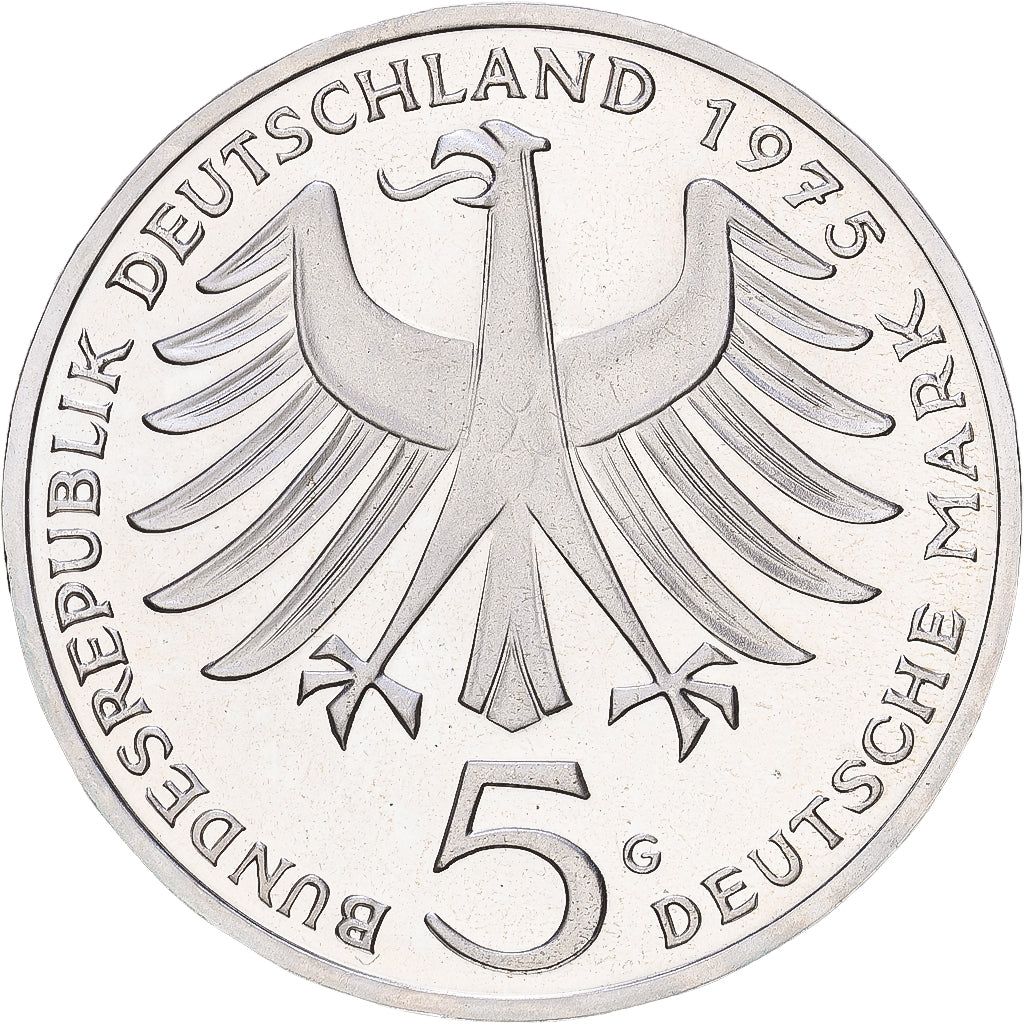 GERMANIA - REPUBBLICA FEDERALE, 5 Mark, 1975, Karlsruhe, FS, Argento, SPL+