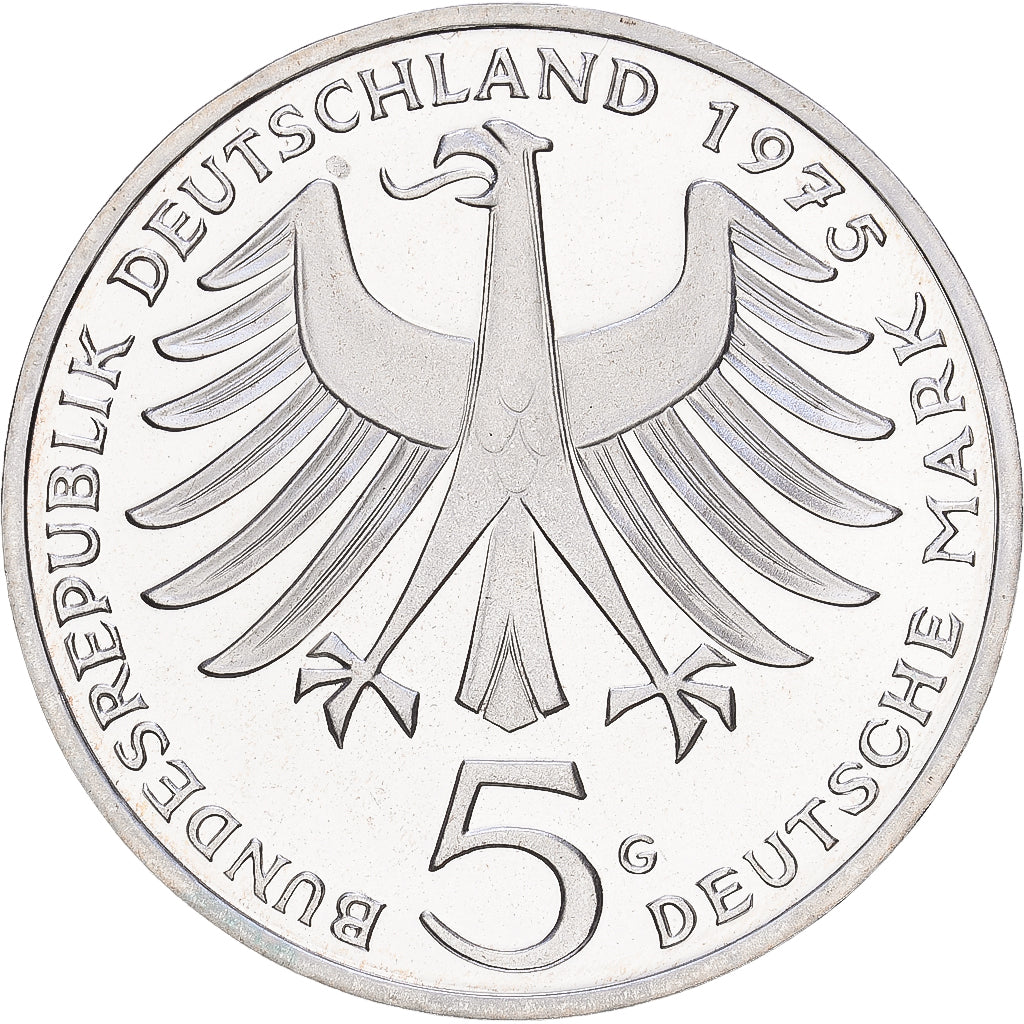 ALEMANIA - REPÚBLICA FEDERAL, 5 Mark, 1975, Karlsruhe, Prueba, Plata, SC+