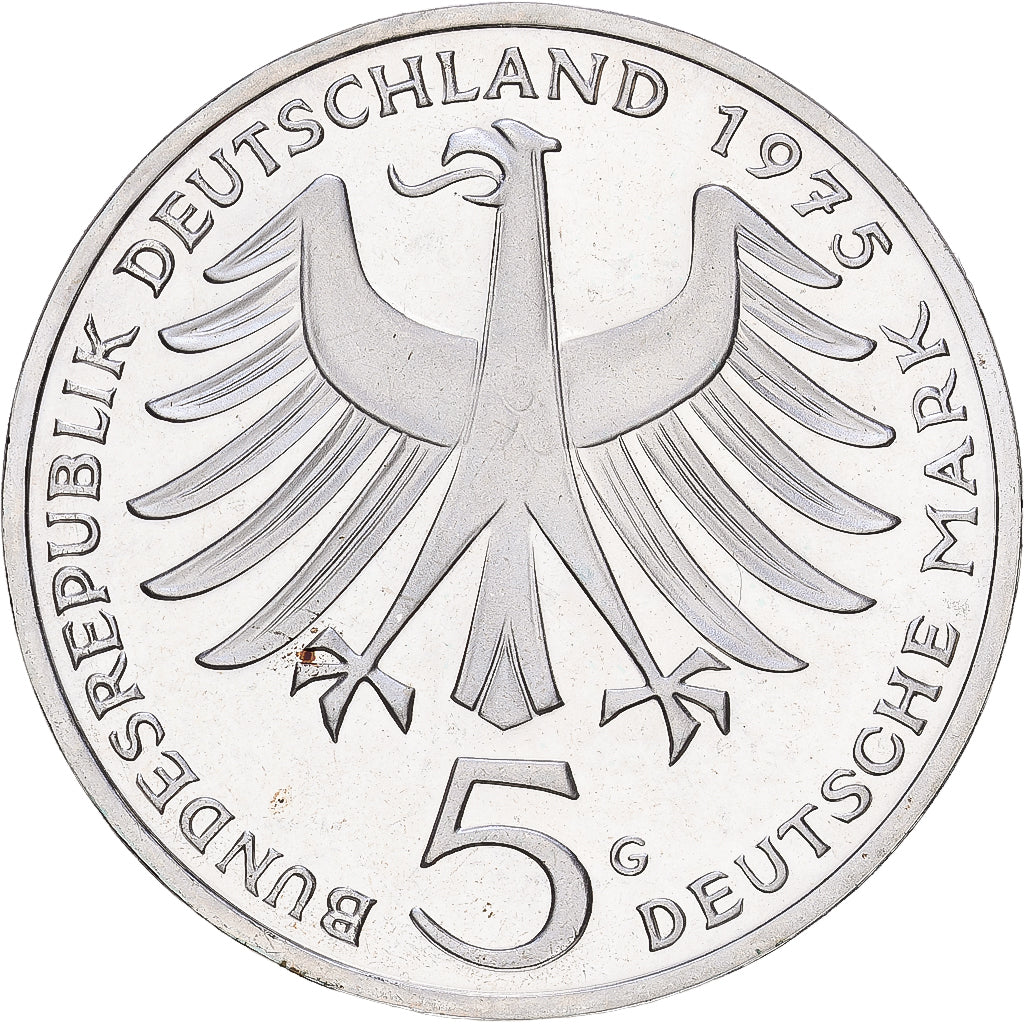 ALEMANIA - REPÚBLICA FEDERAL, 5 Mark, 1975, Karlsruhe, Prueba, Plata, SC+