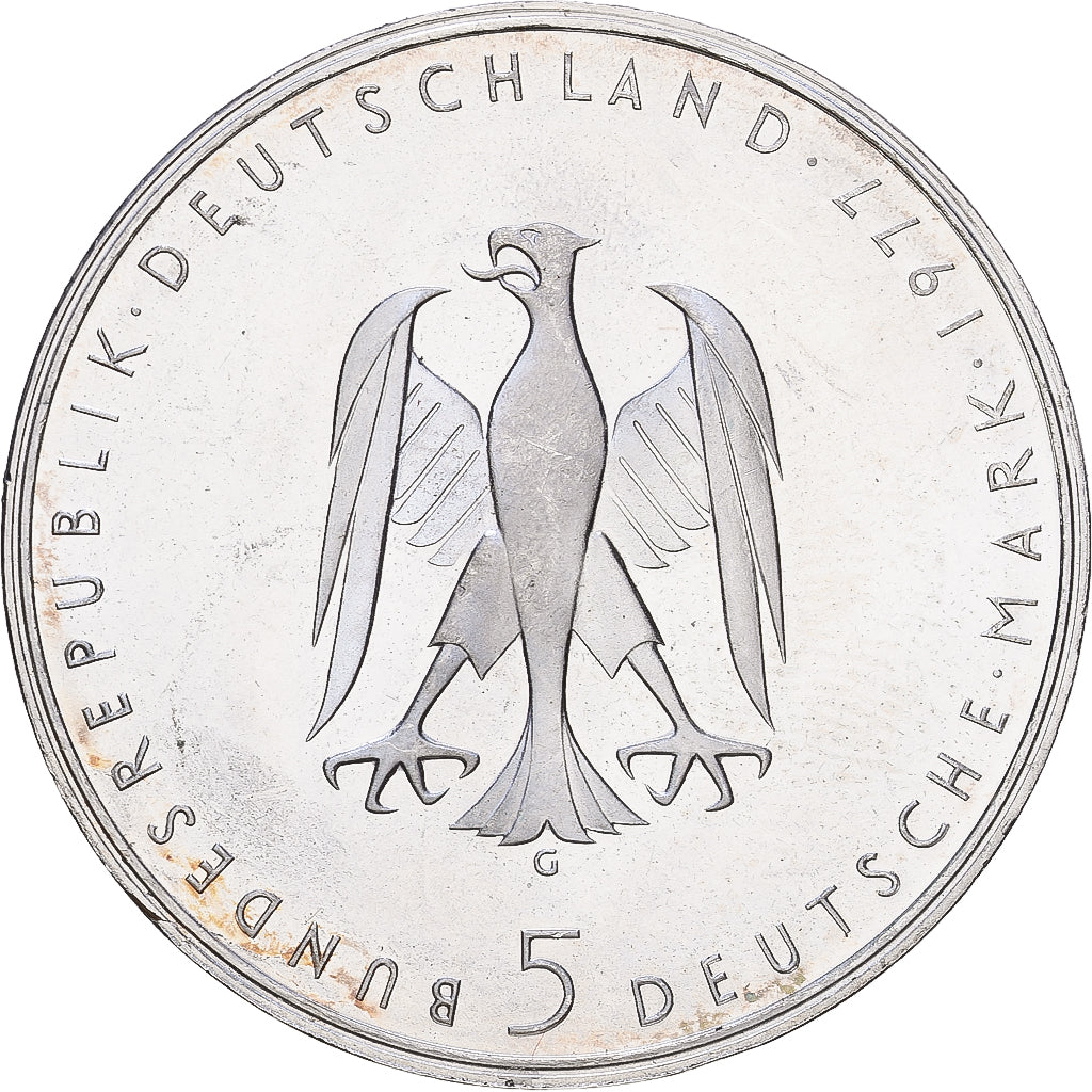 Moneta, Niemcy - RFN, 5 Mark, 1977, Karlsruhe, Germany, AU(55-58), Srebro