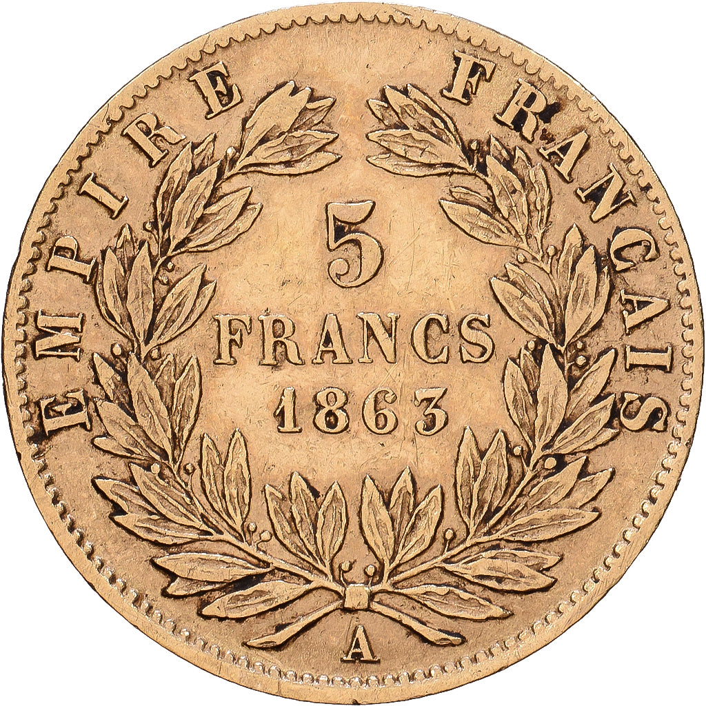 Frankrijk, Napoleon III, 5 Francs, 1863, Paris, Goud, FR+, Gadoury:1002
