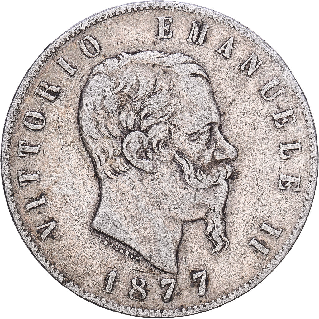 Italia, Vittorio Emanuele II, 5 Lire, 1877, Rome, Plata, BC+, KM:8.4