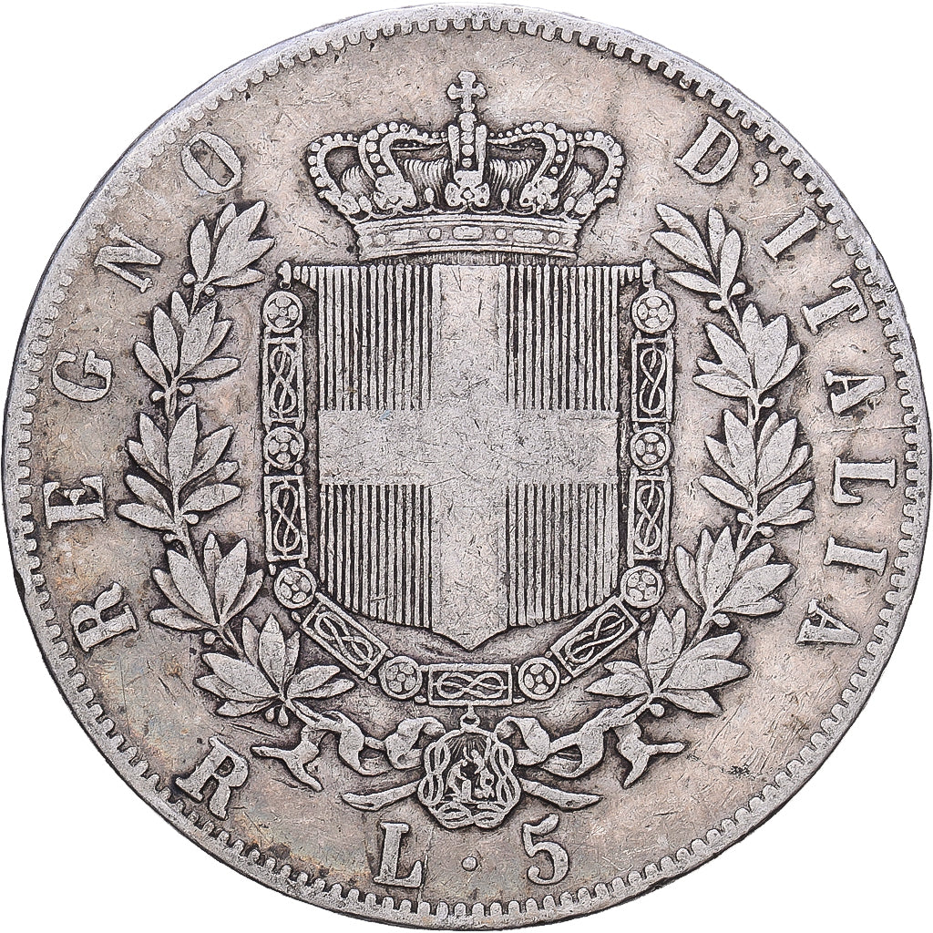 Italia, Vittorio Emanuele II, 5 Lire, 1877, Rome, Plata, BC+, KM:8.4