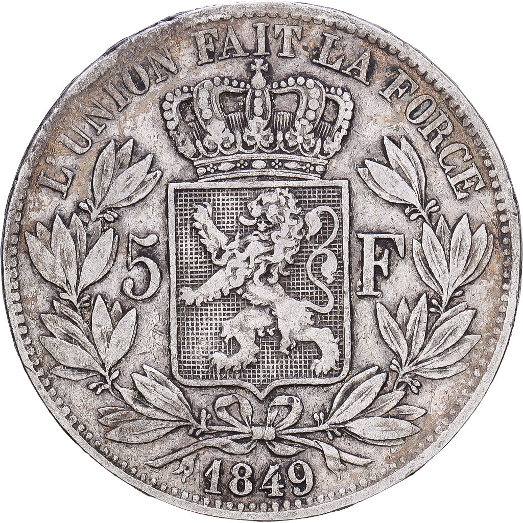 Bélgica, Leopold I, 5 Francs, 5 Frank, 1849, Plata, BC+, KM:17
