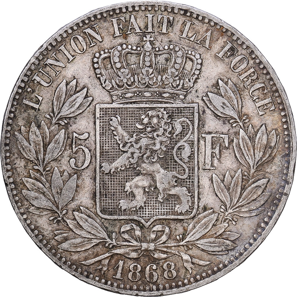 Belgia, Leopold II, 5 Francs, 5 Frank, 1868, Brussels, Srebro, EF(40-45), KM:24