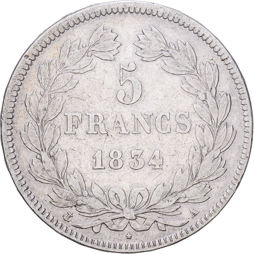 Francia, 5 Francs, Louis-Philippe, 1834, Paris, Plata, BC+, Gadoury:678