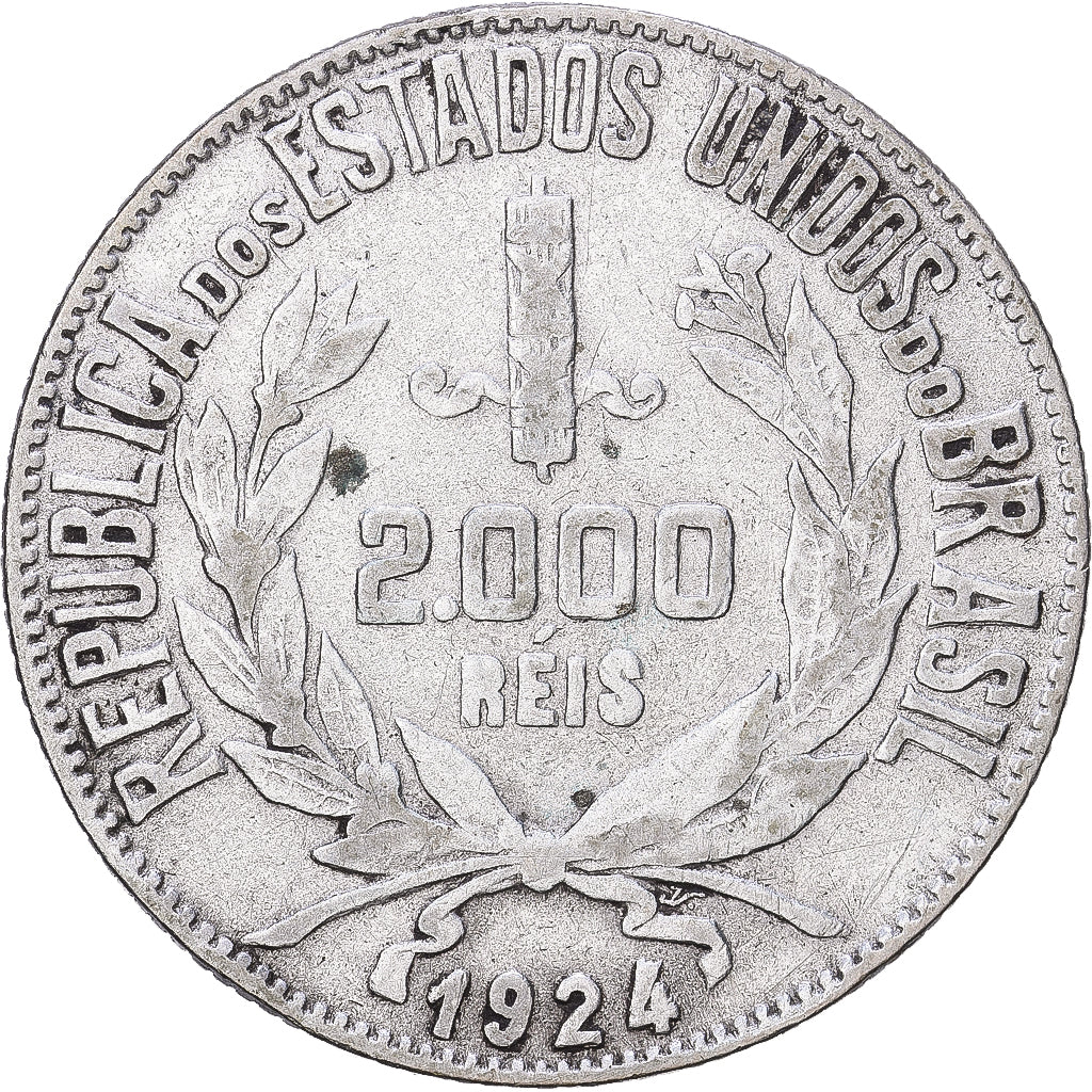 Brasil, 2000 Reis, 1924, Plata, BC+, KM:526
