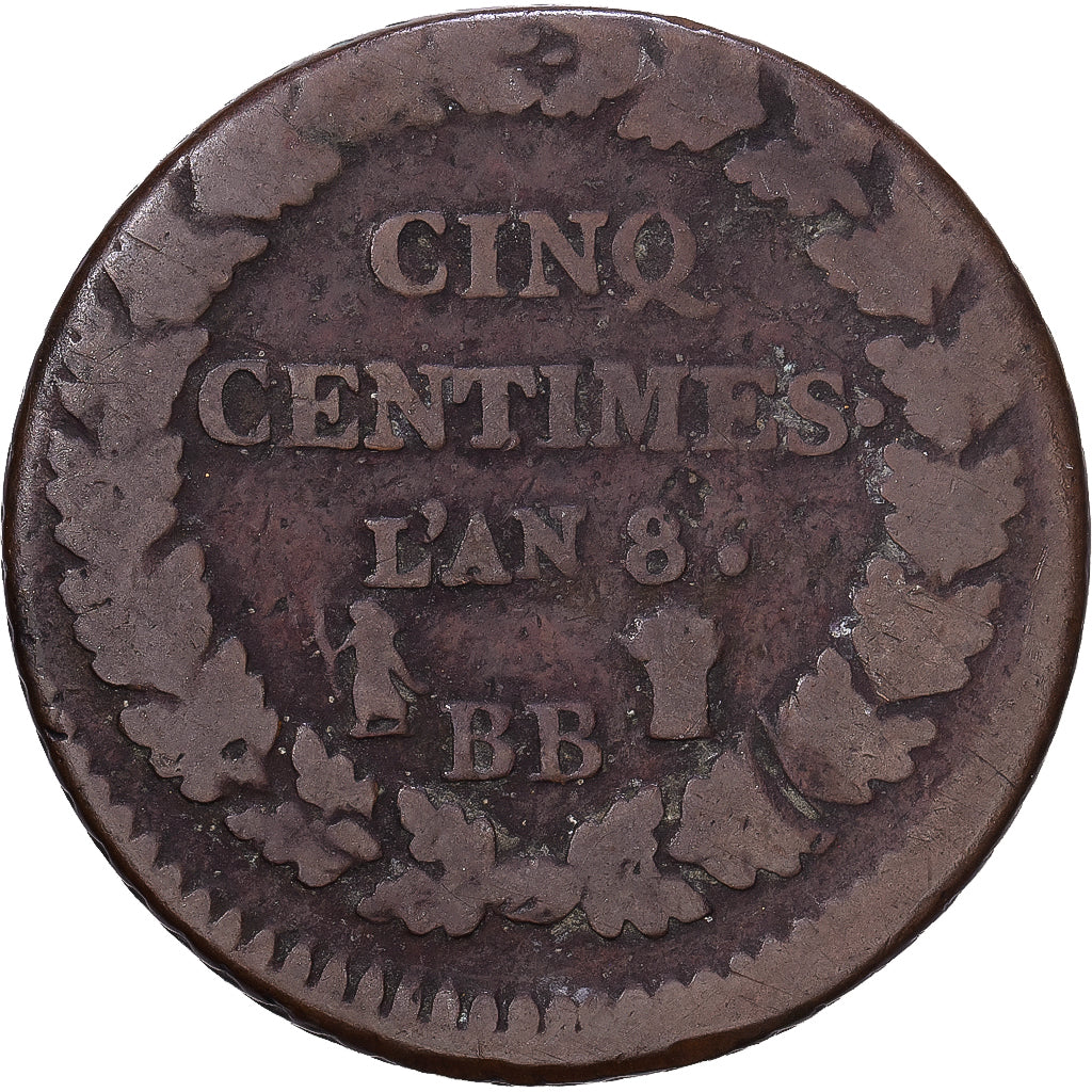 France, 5 Centimes, Dupré, AN 8, Strasbourg, Cuivre, B+, Gadoury:126a