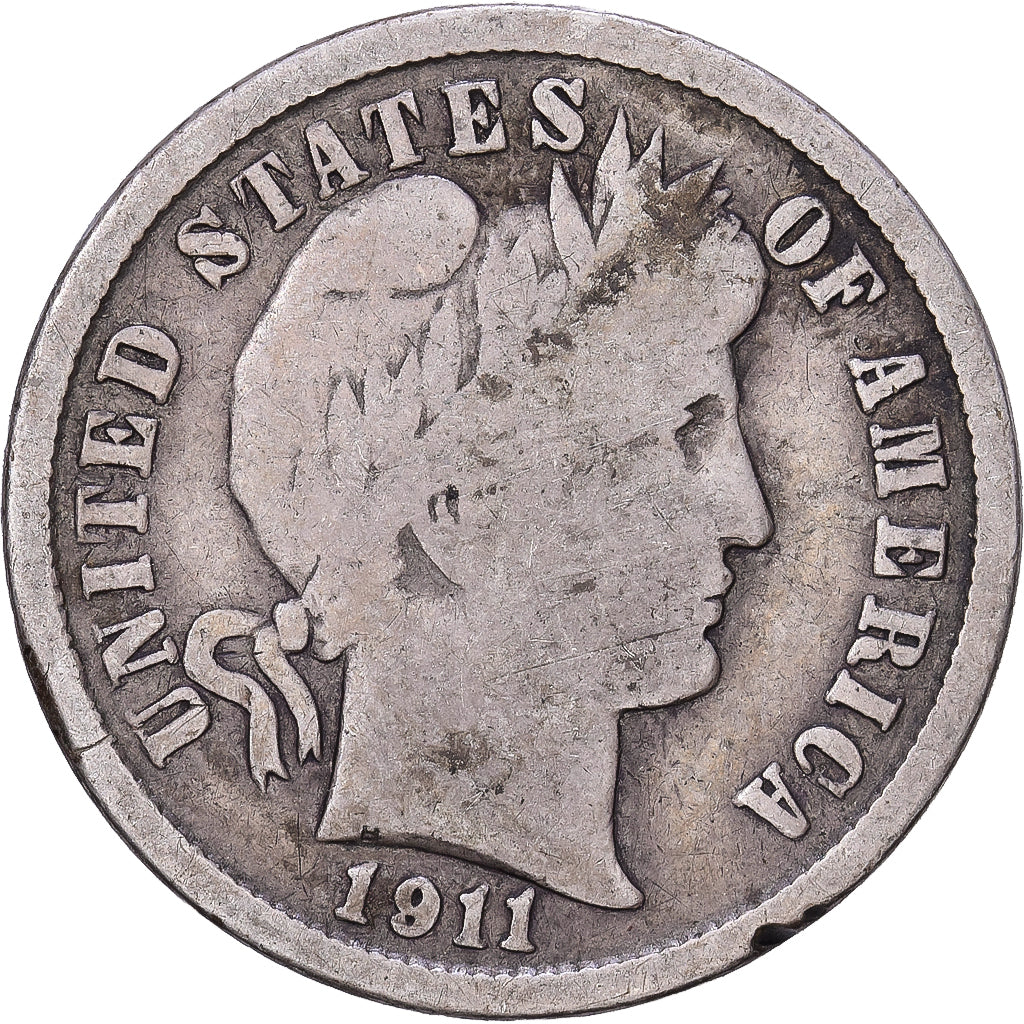 États-Unis, Dime, Barber Dime, 1911, U.S. Mint, Argent, TB+, KM:113