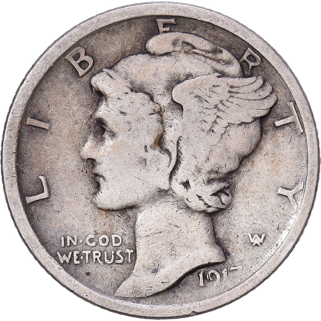 États-Unis, Dime, Mercury Dime, 1917, San Francisco, Argent, TB+, KM:140