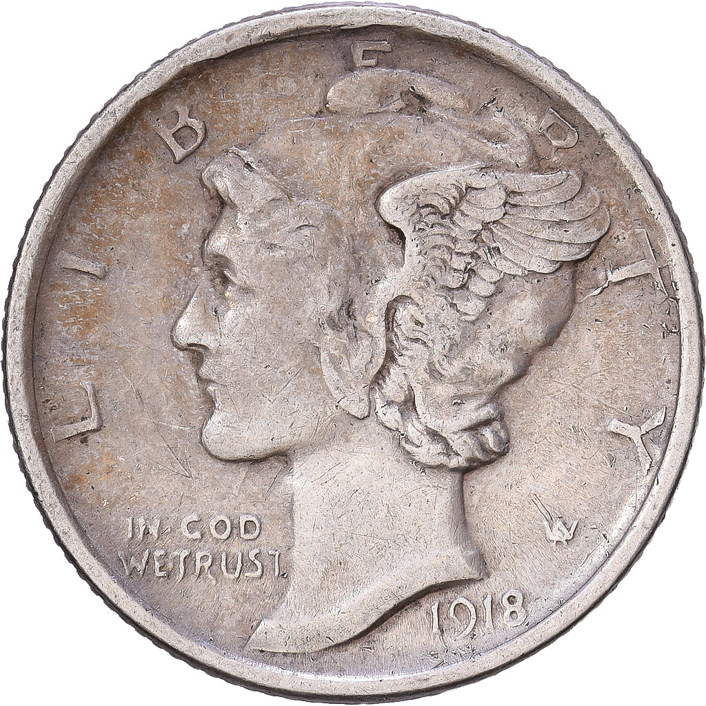 États-Unis, Dime, Mercury, 1918, Denver, Argent, TB+, KM:140