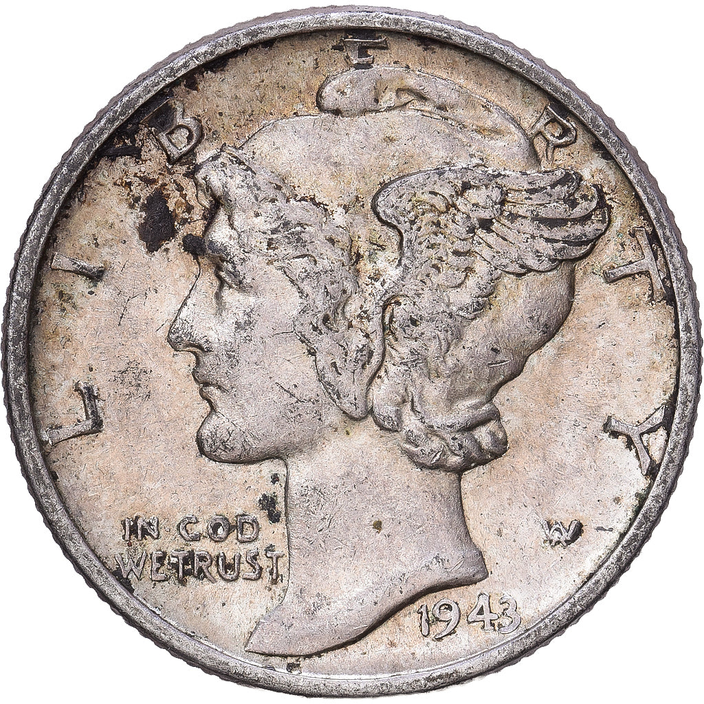 États-Unis, Dime, Mercury Dime, 1943, Philadelphie, Argent, TTB, KM:140