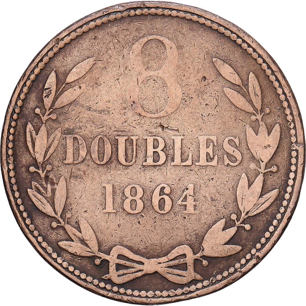 Guernsey, 8 Doubles, 1864, Heaton, Miedź, VF(20-25), KM:7