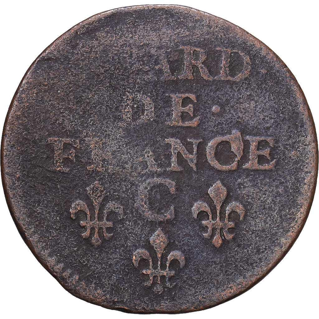 France, Louis XIV, Liard de France, 1656, Caen, Copper, VF(20-25), C2G:48