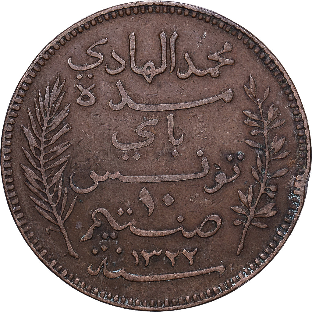 Tunesien, Muhammad al-Hadi Bey, 10 Centimes, 1904, Paris, Bronze, S+, KM:229