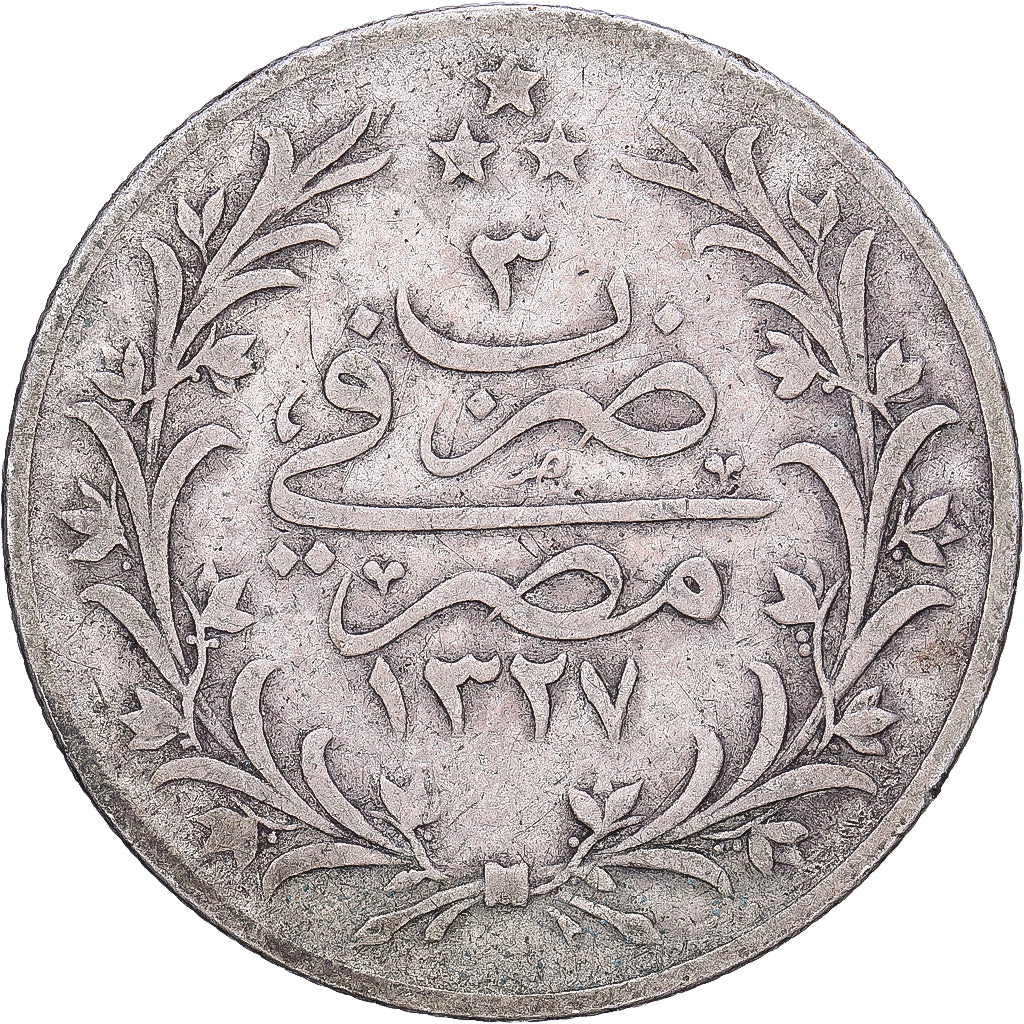 Egypt, Muhammad V, 5 Qirsh, 1911/AH1327/3, Misr, Silver, VF(20-25), KM:308