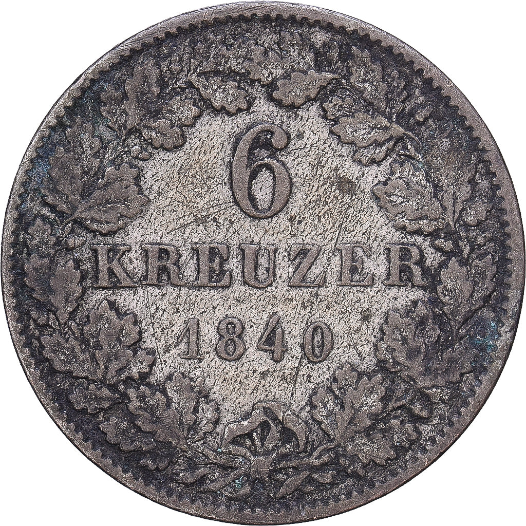 Landy niemieckie, BADEN, Leopold I, 6 Kreuzer, 1840, Srebro, VF(20-25), KM:210