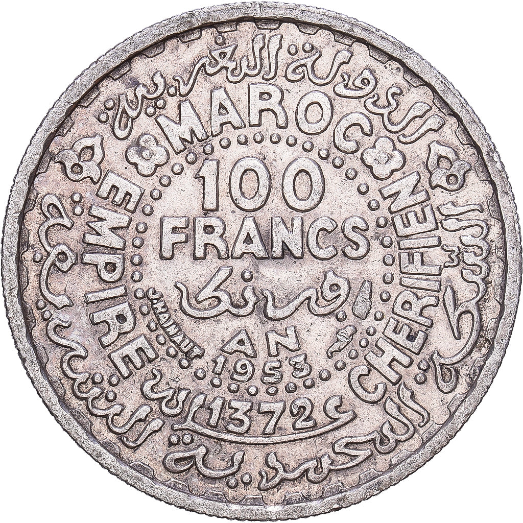 Marokko, Mohammed V, 100 Francs, 1953, Paris, Zilver, ZF, KM:52