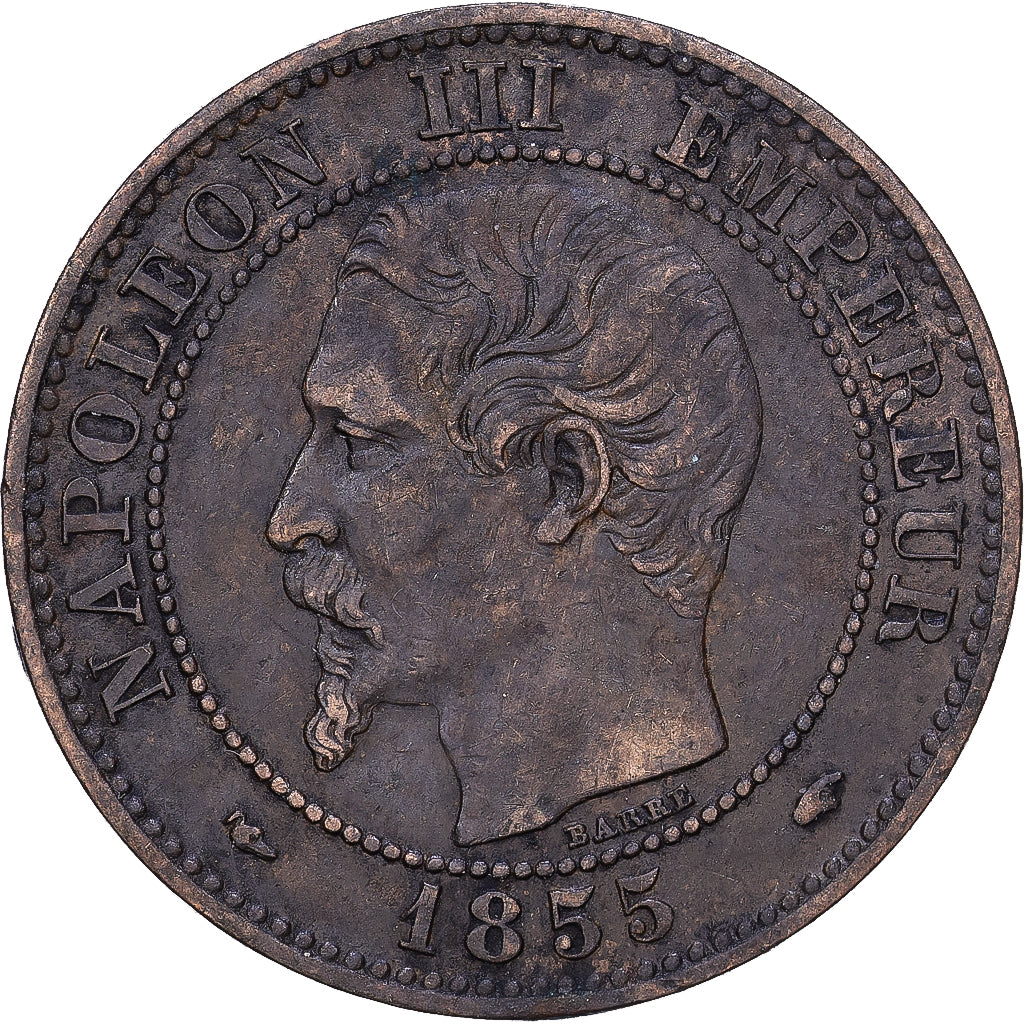 Francia, Napoleon III, 2 Centimes, 1855, Paris, Dog, Bronce, BC+, Gadoury:103