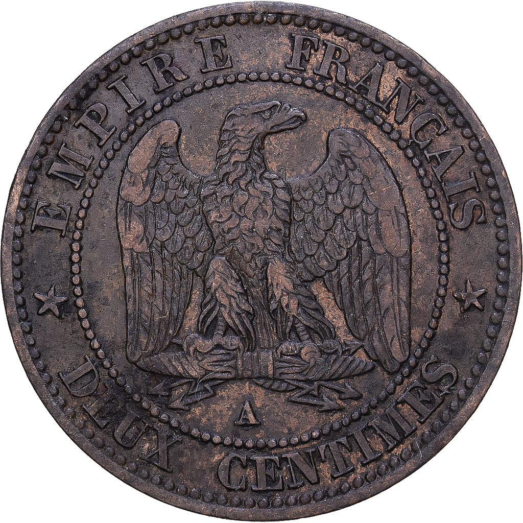 Francia, Napoleon III, 2 Centimes, 1855, Paris, Dog, Bronce, BC+, Gadoury:103
